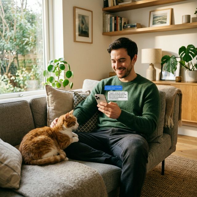 Man sitting with cat looking at phone AI assistant