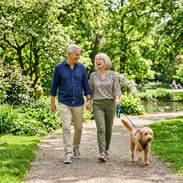 Senior couple walking dog on leash