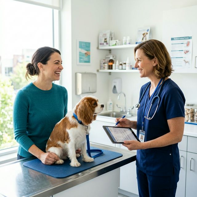 Vet discussing pet care with owner