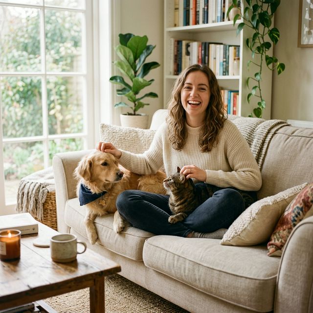Happy woman petting cat and dog