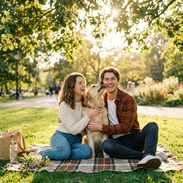 Young couple hugging dog